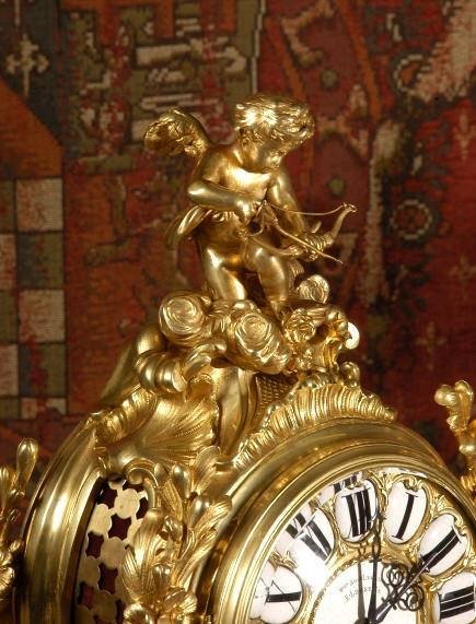 fig 3. *****  SOLD  *****  Superb Rococo Table Clock Set ~ Cupid by Samuel Marti